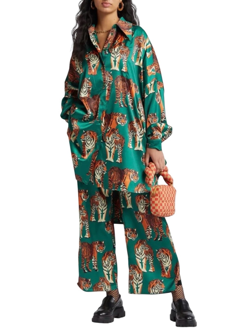 Dressed in Lala Tiger Print Royal Satin Matching Set Top L/XL Bottom Large NWT